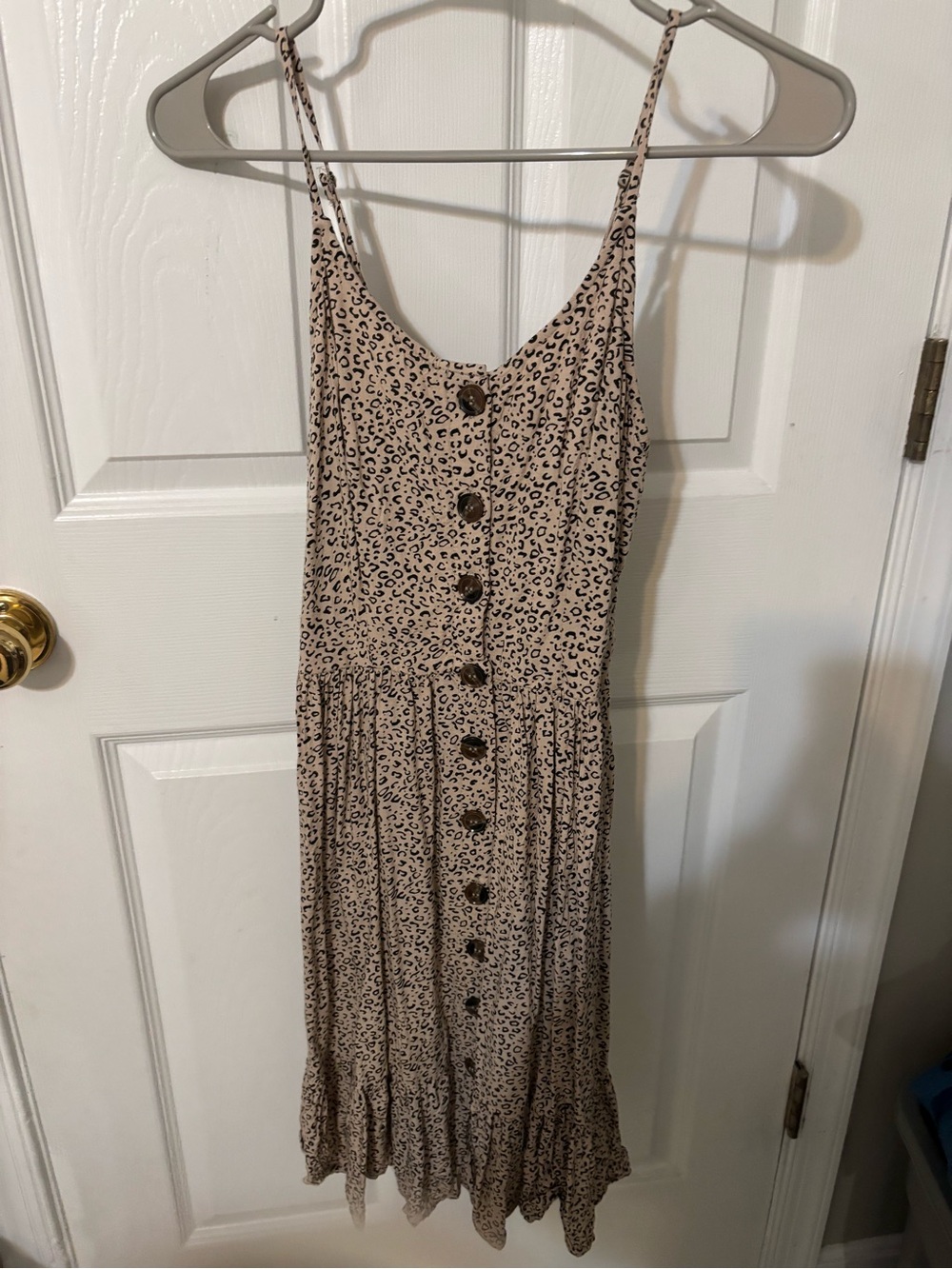 Spaghetti Strap Beige Leopard Print Button-Front Dress